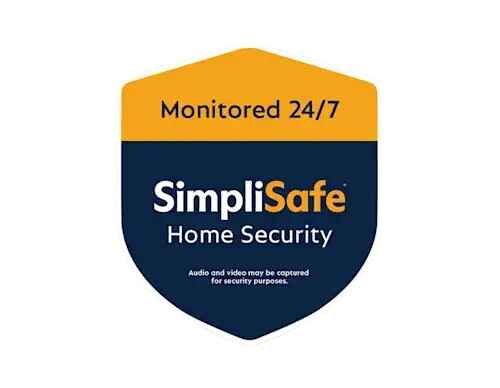 alt=SimpliSafe Home Security badge, stating "Monitored 24/7." Includes note about audio and video capture for security purposes.
