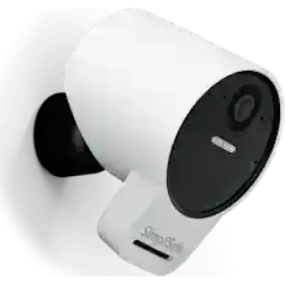 alt=A white outdoor security camera with a rounded design, featuring a lens, sensor button, and mounted base for installation.