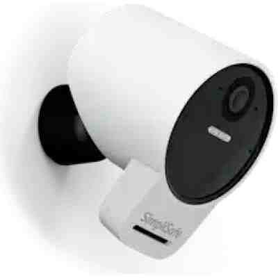 alt=A white outdoor security camera with a rounded design, featuring a lens, sensor button, and mounted base for installation.