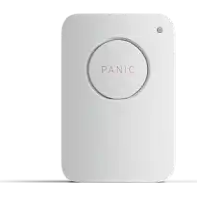 alt=A compact white panic button device with a circular button labeled "PANIC" and a small indicator light.