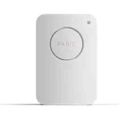 alt=A compact white panic button device with a circular button labeled "PANIC" and a small indicator light.
