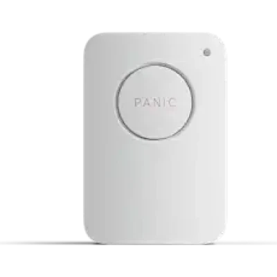 alt=A compact white panic button device with a circular button labeled "PANIC" and a small indicator light.