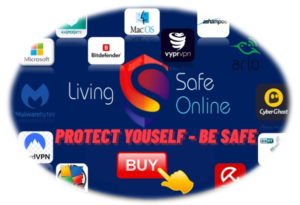 alt=A graphic promoting online safety with logos of security software, featuring "Protect Yourself - Be Safe" and a "Buy" button.