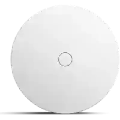 alt=A sleek white circular device with a small central button, designed for modern technology use.
