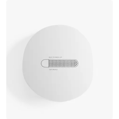 alt=Minimalist round device with a mesh top labeled "MOVE TO FRESH AIR" and "NOT IN USE". The design is simple and modern.