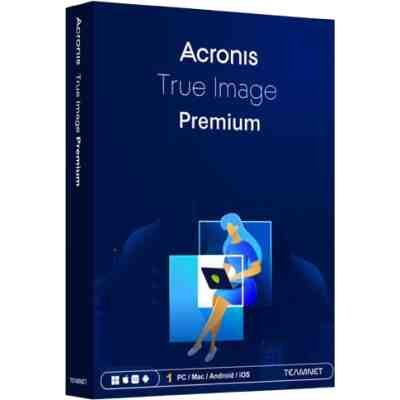 alt=Acronis True Image Premium software box featuring a blue design with a woman using a laptop, compatible with PC, Mac, Android, and iOS.