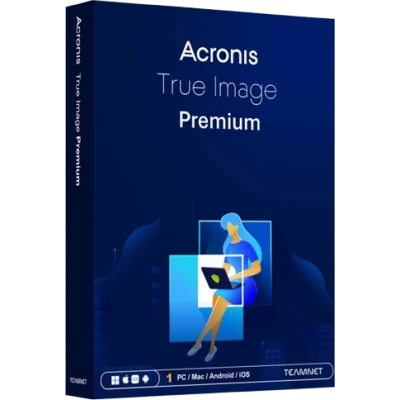 alt=Acronis True Image Premium software box featuring a blue design with a woman using a laptop, compatible with PC, Mac, Android, and iOS.