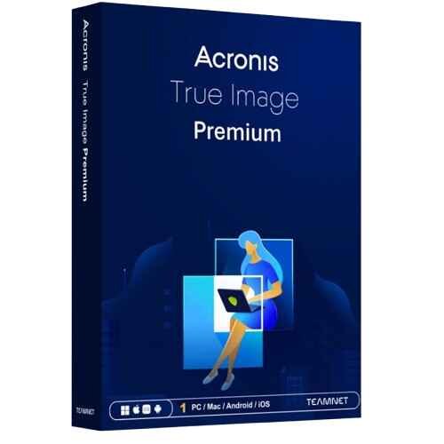alt=Acronis True Image Premium software box featuring a blue design with a woman using a laptop, compatible with PC, Mac, Android, and iOS.
