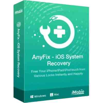 alt=Green software box for AnyFix - iOS System Recovery, offering solutions for iPhone/iPad/iPod lock issues, compatible with Windows and Mac.