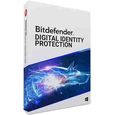 alt=Bitdefender Digital Identity Protection software box with a futuristic design and blue accents, featuring a wolf graphic and Windows logo.