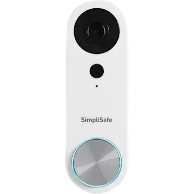 alt=White smart doorbell camera from SimpliSafe featuring a round lens, speaker, and a silver button with a blue light ring.
