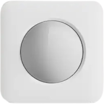 alt=A simple white wall switch with a round button in the center, designed for easy operation.