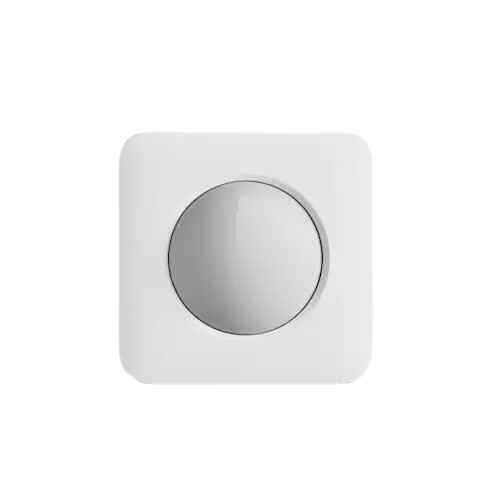 alt=A simple white wall switch with a round button in the center, designed for easy operation.