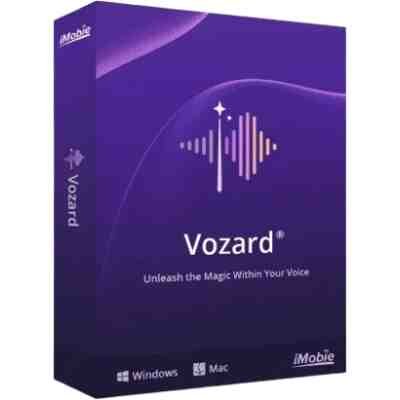 alt=Vozard software box with a purple design, featuring a soundwave graphic and the slogan "Unleash the Magic Within Your Voice."