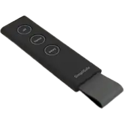 alt=A sleek black remote control with three buttons, designed for minimalist functionality, lying on a flat surface.