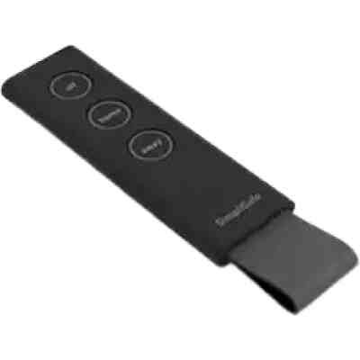alt=A sleek black remote control with three buttons, designed for minimalist functionality, lying on a flat surface.
