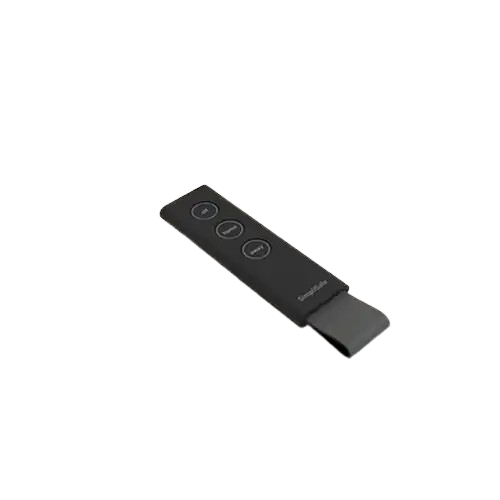 alt=A sleek black remote control with three buttons, designed for minimalist functionality, lying on a flat surface.