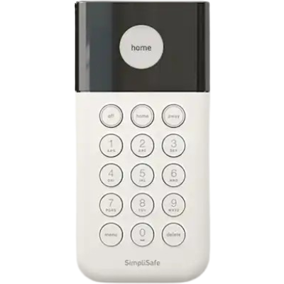 alt=A white SimpliSafe keypad with a black top section, featuring buttons for home, off, away, numbers, and menu options.