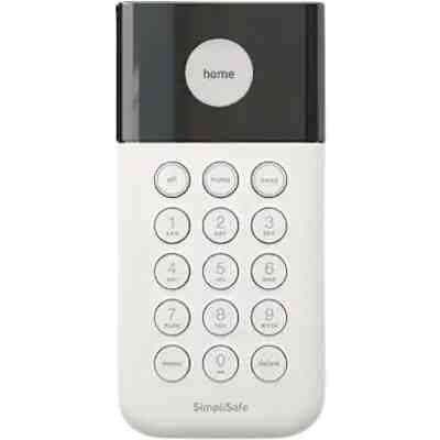 alt=A white SimpliSafe keypad with a black top section, featuring buttons for home, off, away, numbers, and menu options.