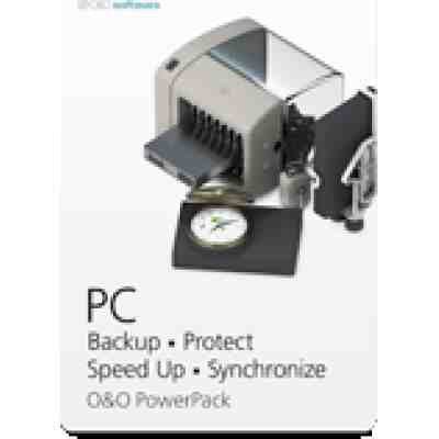 alt=Image of O&O PowerPack software packaging featuring a backup device, with text highlighting features: Backup, Protect, Speed Up, Synchronize.