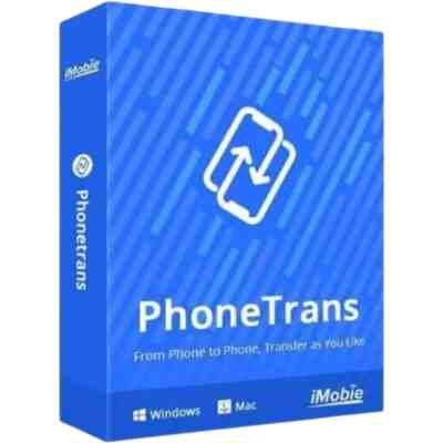 alt=Blue software box for PhoneTrans, a data transfer tool for Windows and Mac, featuring a logo and tagline about phone transfer flexibility.