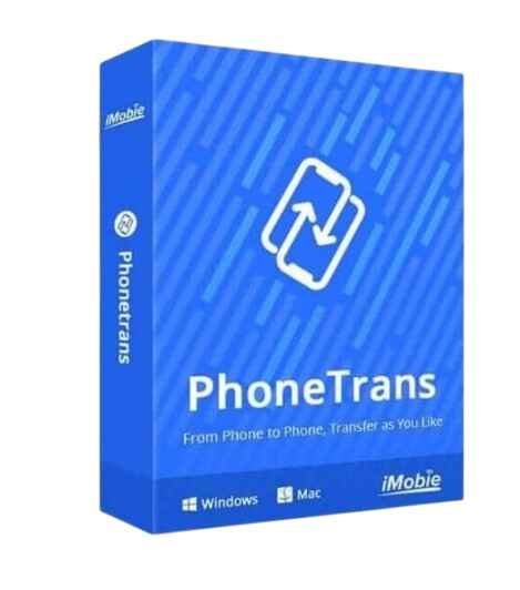 alt=Blue software box for PhoneTrans, a data transfer tool for Windows and Mac, featuring a logo and tagline about phone transfer flexibility.
