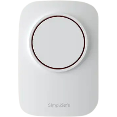 alt=A white SimpliSafe home security device with a circular interface and a red ring, designed for user-friendly operation.