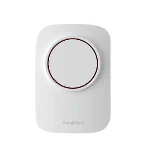 alt=A white SimpliSafe home security device with a circular interface and a red ring, designed for user-friendly operation.