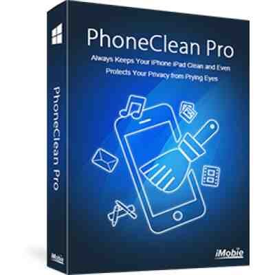 alt=Box design for PhoneClean Pro software, featuring a smartphone icon, cleaning brush, and text highlighting privacy protection and device maintenance.