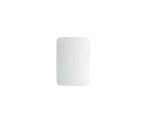 alt=A sleek, white wireless charging pad with a minimalist design, set against a plain black background.