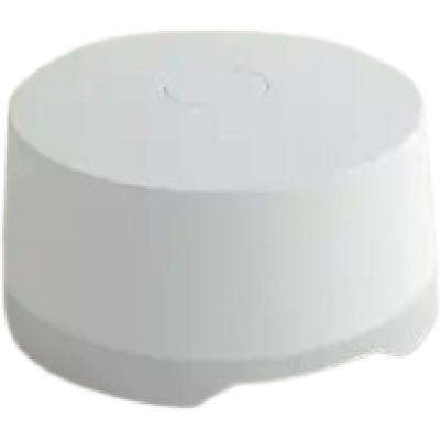 alt=A round, white smart home device on a light background, designed for connectivity or automation purposes.