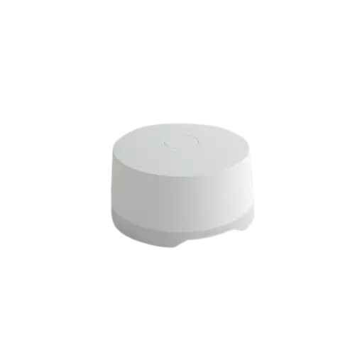 alt=A round, white smart home device on a light background, designed for connectivity or automation purposes.