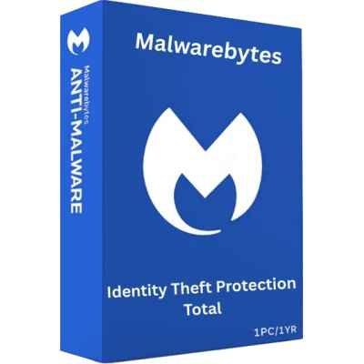 alt=Blue software box for Malwarebytes featuring the logo and text: "Identity Theft Protection Total" and "1PC/1YR."