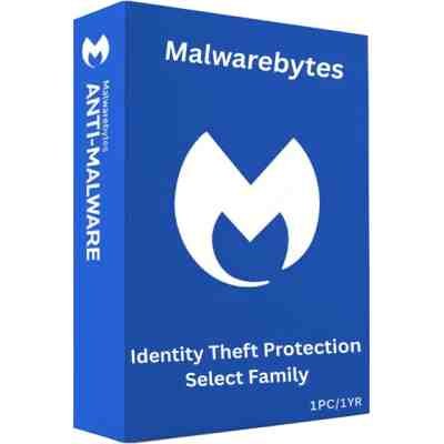 alt=Blue software box for Malwarebytes featuring the logo and text: "Identity Theft Protection Select Family, 1PC/1YR, ANTI-MALWARE."