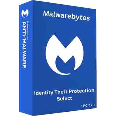 alt=Blue software box for Malwarebytes Anti-Malware featuring the logo and text for "Identity Theft Protection Select 1PC/1YR."