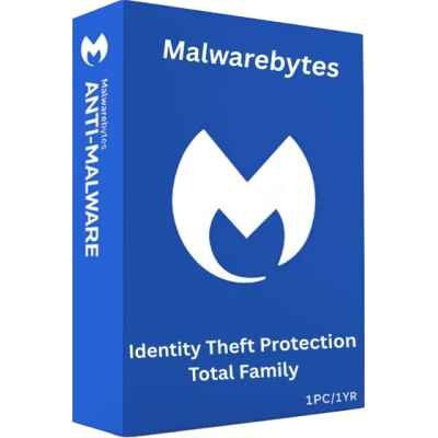 alt=A blue software box for Malwarebytes, labeled "Anti-Malware," promoting identity theft protection for families.