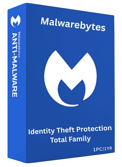 alt=A blue software box for Malwarebytes, labeled "Anti-Malware," promoting identity theft protection for families.