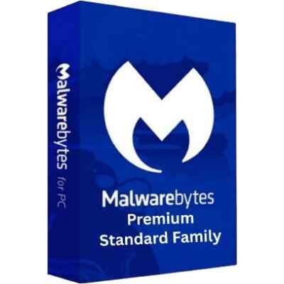 alt=Malwarebytes software box for PC featuring a blue design with the logo and text: Premium, Standard, and Individual options.