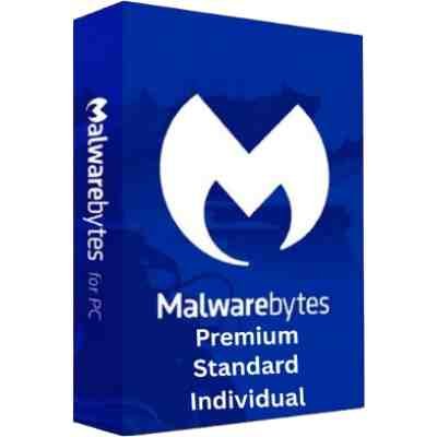 alt=Blue software box for Malwarebytes, featuring the logo and text: "Premium Standard Individual" for PC protection.