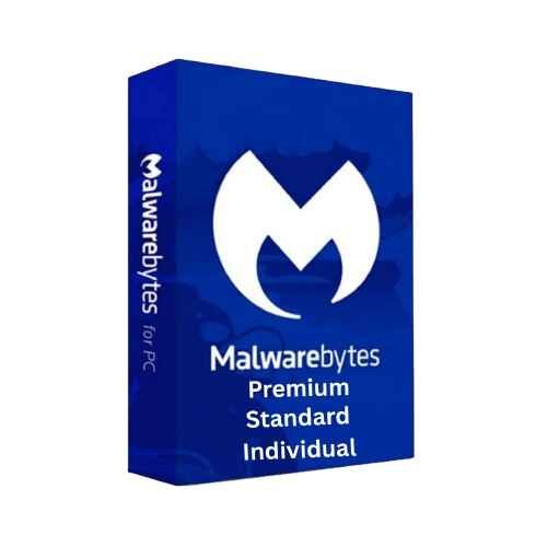 alt=Blue software box for Malwarebytes, featuring the logo and text: "Premium Standard Individual" for PC protection.