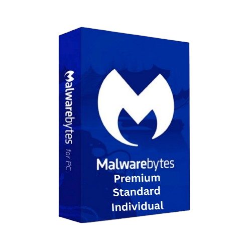 alt=Blue software box for Malwarebytes, featuring the logo and text: "Premium Standard Individual" for PC protection.
