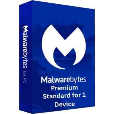 alt=Blue software box for Malwarebytes, labeled "Premium Standard for 1 Device" with a prominent logo on the front.