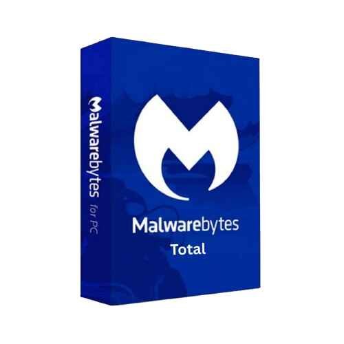 alt=Blue software box featuring the Malwarebytes logo and the text "Malwarebytes Total" for PC protection.