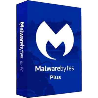 alt=Malwarebytes Plus software packaging, featuring a blue background and the white Malwarebytes logo prominently displayed.