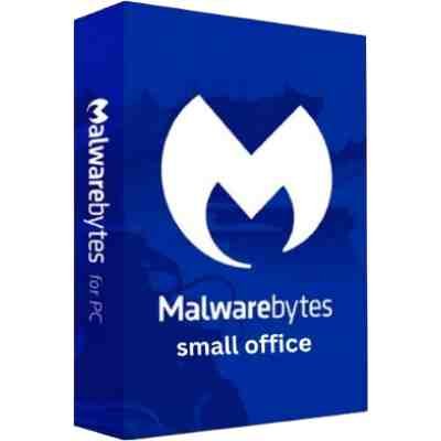 alt=Malwarebytes software box for PC, labeled "small office," featuring a blue design with the Malwarebytes logo.