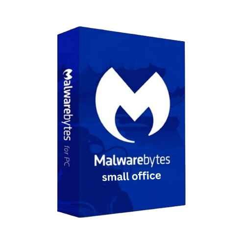 alt=Malwarebytes software box for PC, labeled "small office," featuring a blue design with the Malwarebytes logo.