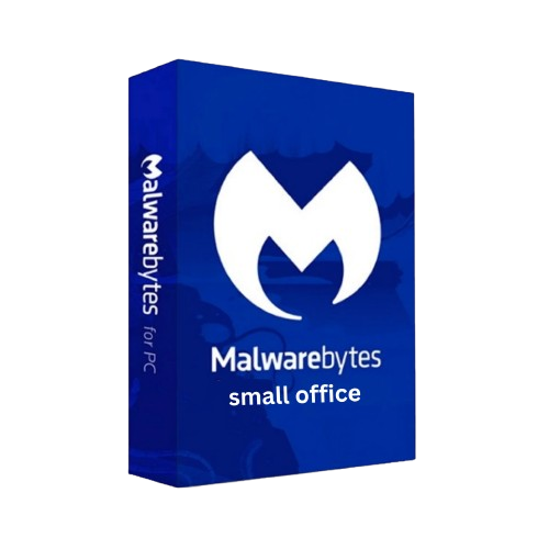 alt=Malwarebytes software box for PC, labeled "small office," featuring a blue design with the Malwarebytes logo.