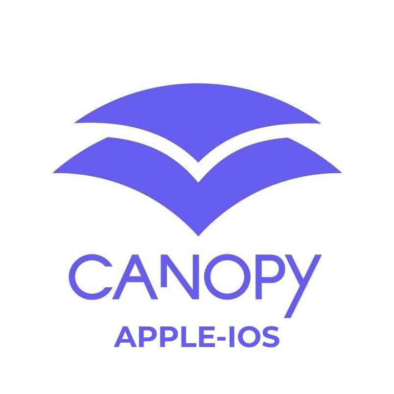 alt=Logo of Canopy featuring a stylized purple canopy design above text that reads "CANOPY APPLE-IOS."