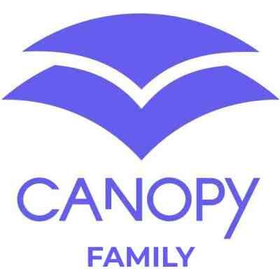 alt=Logo of Canopy Family featuring an abstract design in purple, with the text "CANOPY" above "FAMILY."