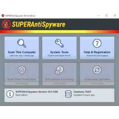 alt=Screenshot of SUPERAntiSpyware software interface showing scan options and system tools on a gray background.